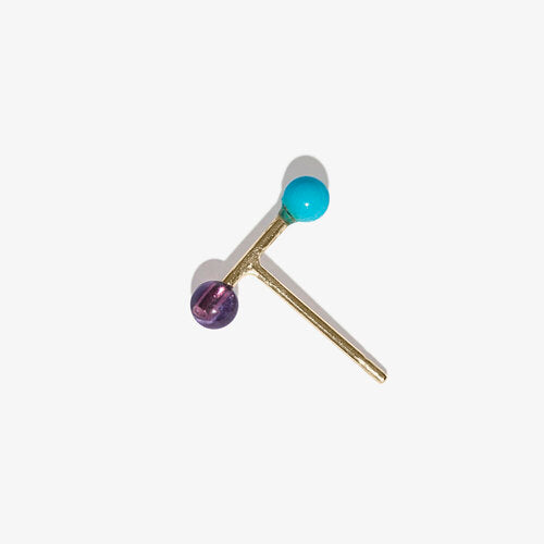 Turquoise & Amethyst Barbell Stud Earring - 9K Gold - Skomer Studio