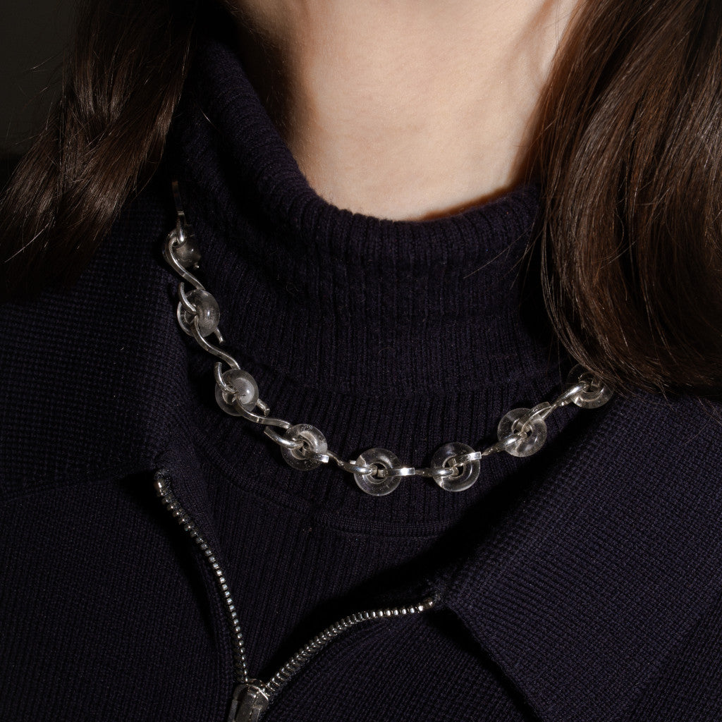 Crystal Quartz collar necklace in sterling silver worn by model