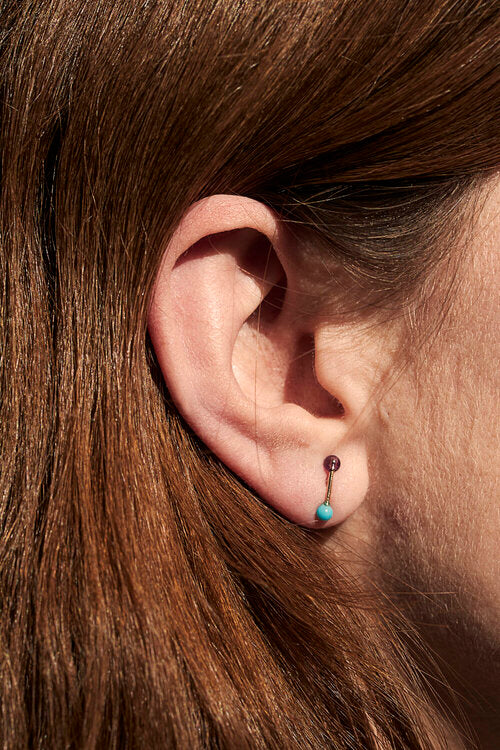 Turquoise & Amethyst Barbell Stud Earring - 9K Gold - Skomer Studio